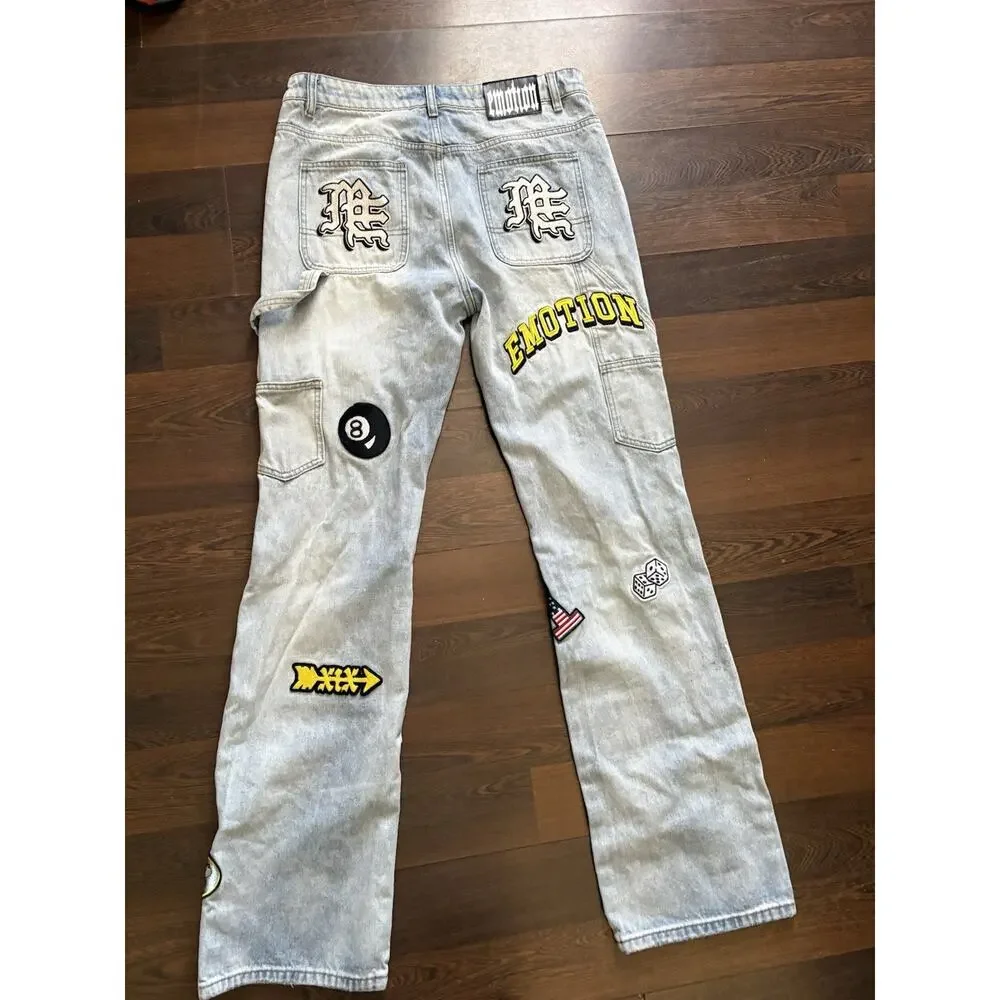 Mixed Emotion “Worker” Jeans Patchwork Graphic Light Wash Streetwear Denim 34/35
